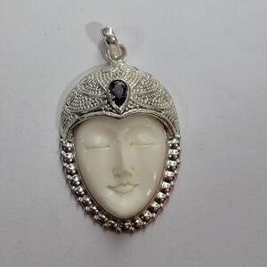 Goddess Pendant Carved White Stone Face Sterling Silver